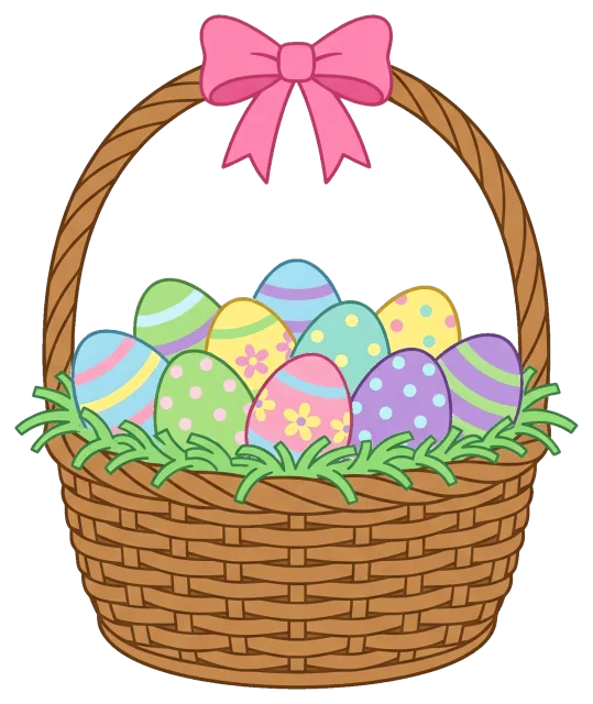 Easter egg basket with colorful decorated eggs and pink bow