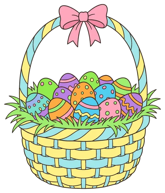 Easter egg basket with colorful decorated eggs and pink bow