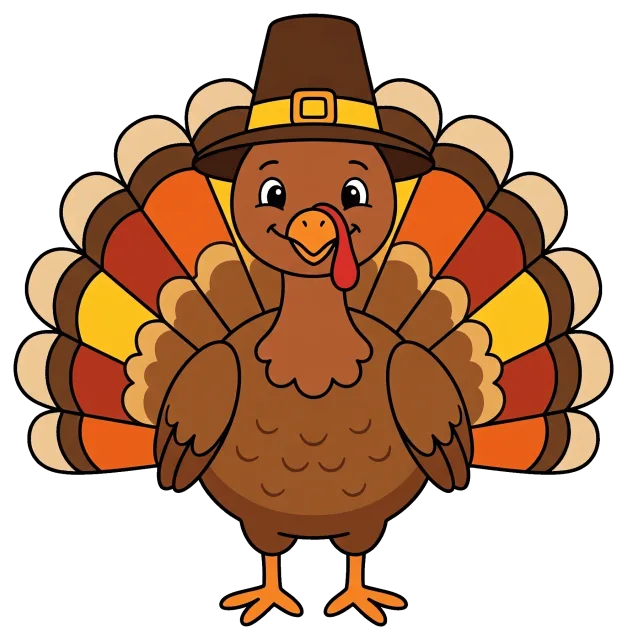 Happy turkey wearing a pilgrim hat with colorful tail feathers