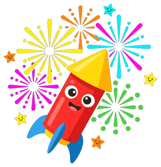 New Year Fireworks Rocket with Colorful Explosions and Smiling Stars