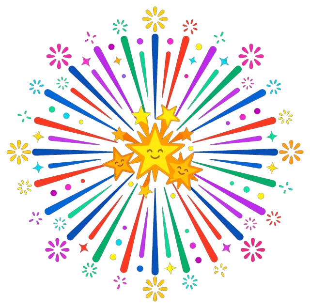 New Year fireworks with smiling stars