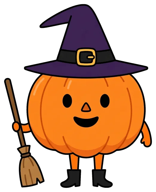 Pumpkin with Witch Hat Holding Broom Halloween Character