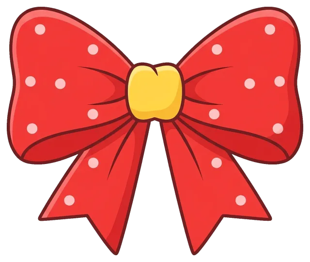 Red gift bow with white polka dots and yellow center