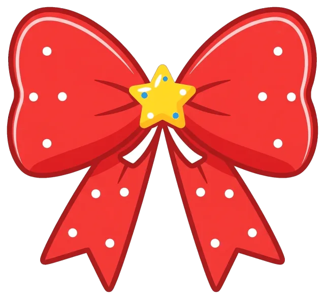 Red gift bow with white polka dots and yellow star center