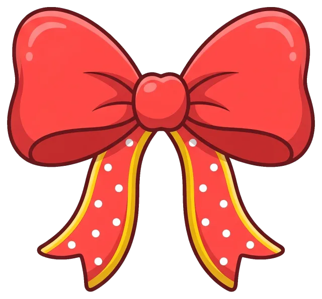 Red gift bow with white polka dots and yellow trim