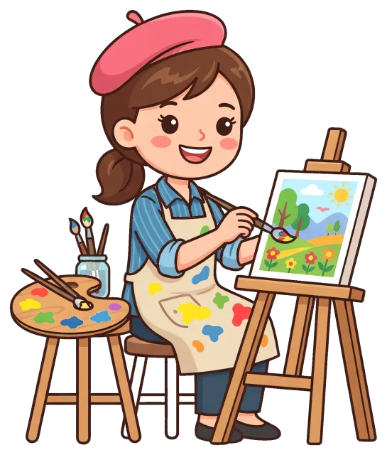 Artist painting a colorful landscape on canvas