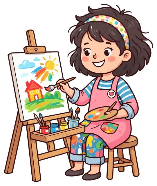 Artist painting a colorful landscape on canvas