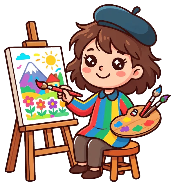 Artist painting colorful landscape on easel