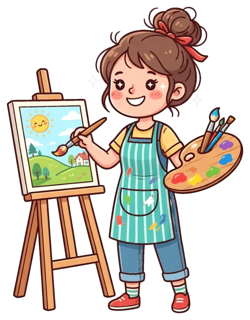 Artist painting cute cartoon landscape on easel