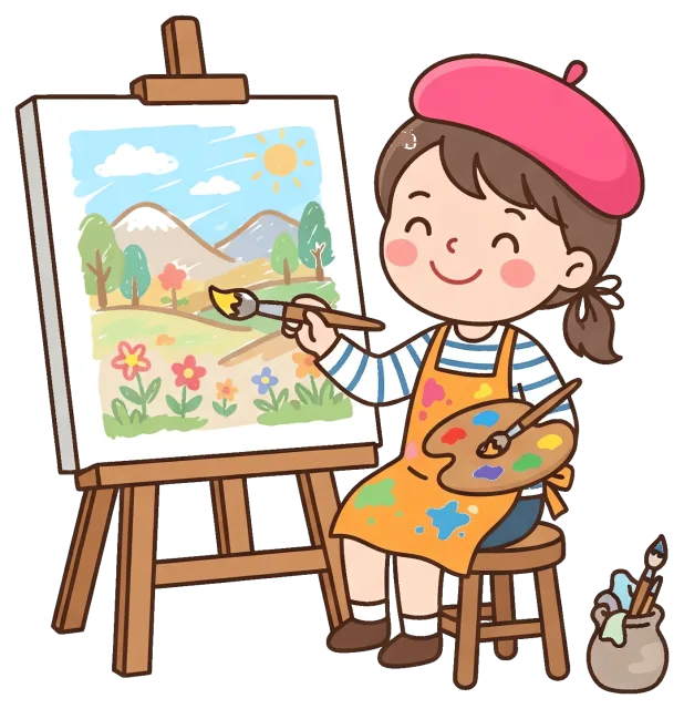 Artist painting cute character with landscape artwork