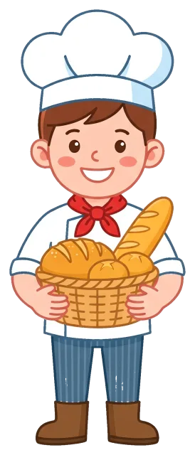 Baker holding basket of bread with chef hat and scarf