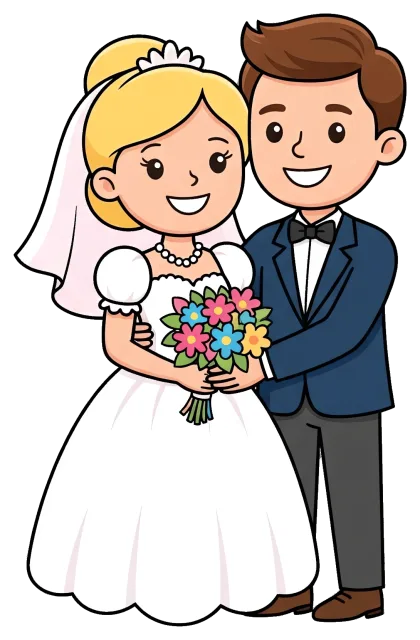 Bride and groom holding bouquet on wedding day