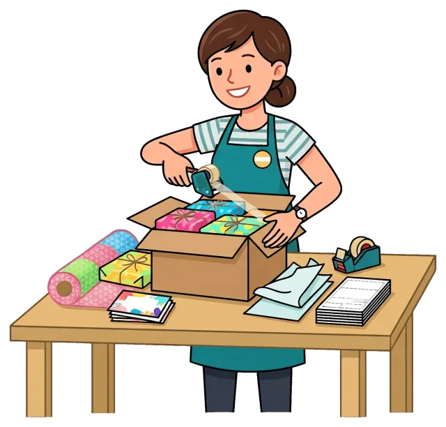 Business owner packing colorful gift boxes for shipment