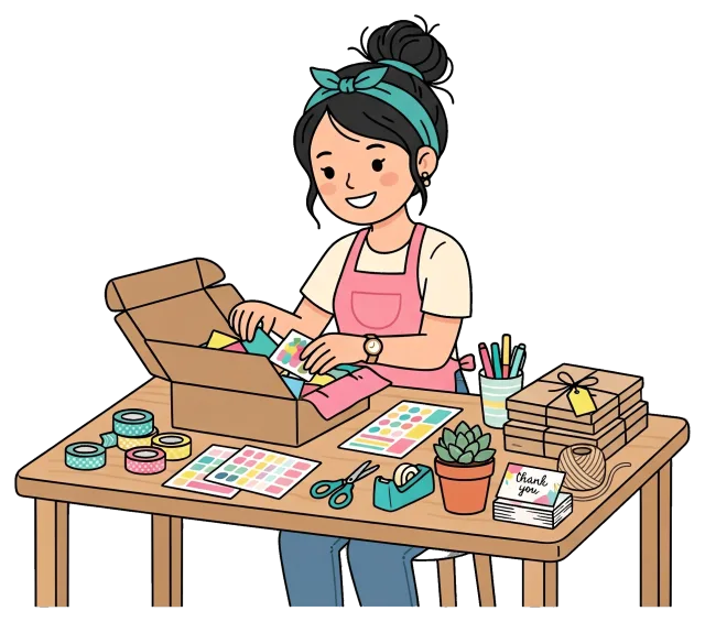 Business owner packing orders at a craft workspace