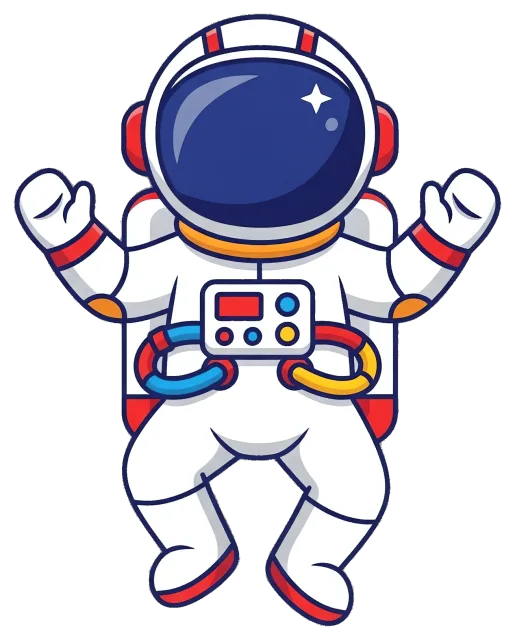 Cartoon astronaut in white space suit with helmet