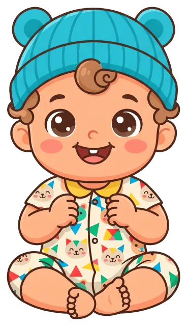 Cartoon baby wearing blue hat and colorful outfit