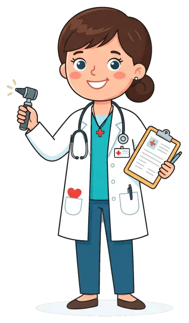 Cartoon Female Doctor Standing with Otoscope and Clipboard