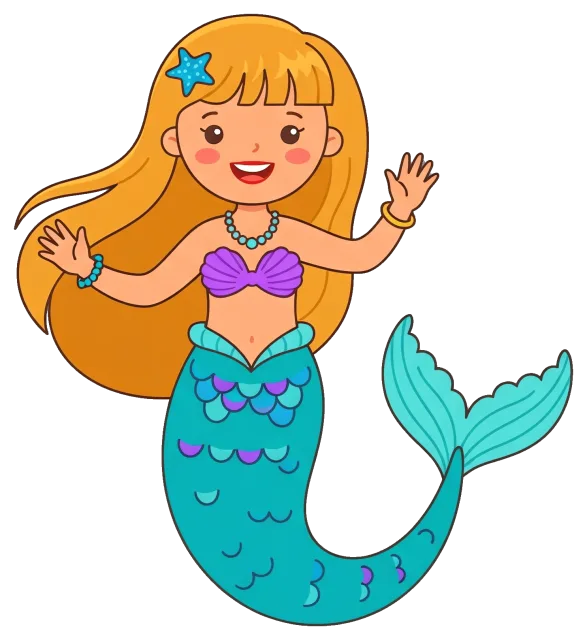 Cartoon mermaid with long blonde hair and turquoise tail
