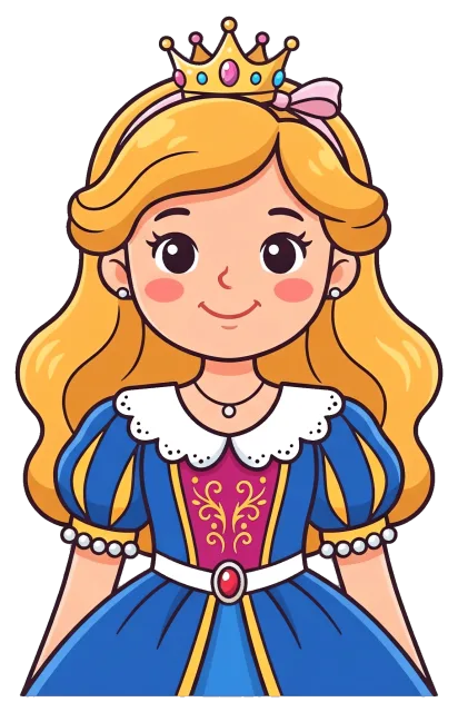 Cartoon princess with crown and blue dress on grey background