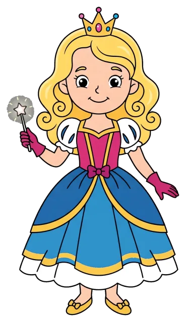 Cartoon princess with crown and magic wand