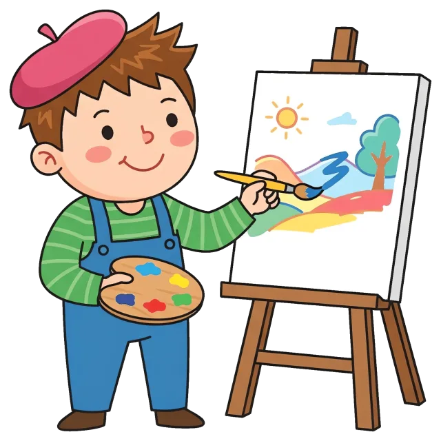 Child artist painting a colorful landscape on canvas