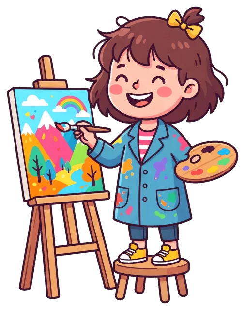 Child artist painting colorful landscape on easel