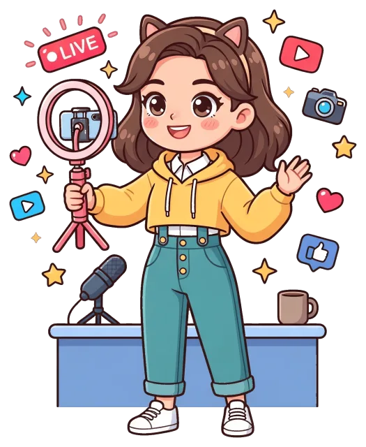 Content Creator Cartoon Character Streaming Live with Ring Light