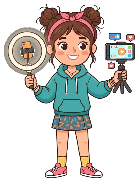 Content creator cartoon character with smartphone and ring light