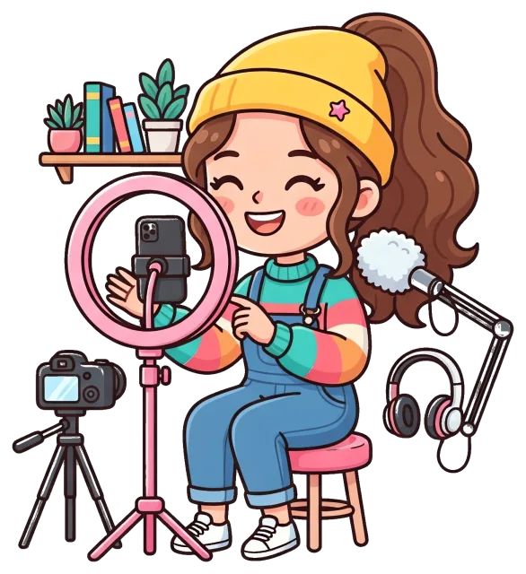 Content creator recording video with ring light and microphone