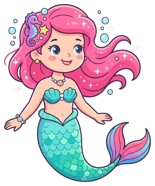 Cute cartoon mermaid with pink hair and sea accessories