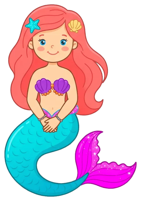 Cute cartoon mermaid with red hair and colorful tail