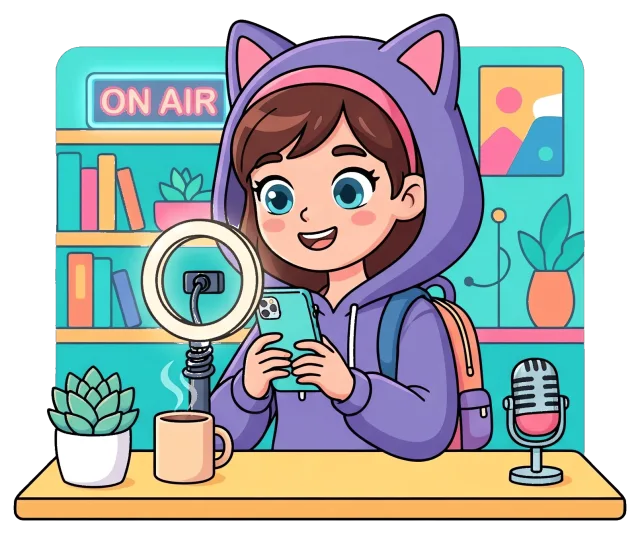 Cute content creator streaming with phone and microphone