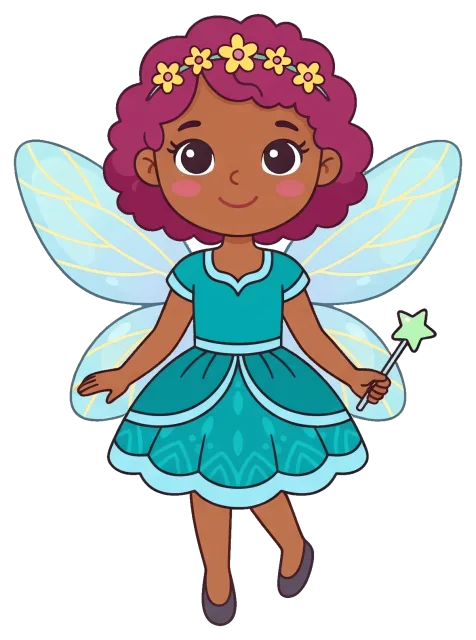 Cute fairy girl with purple hair and blue dress holding magic wand