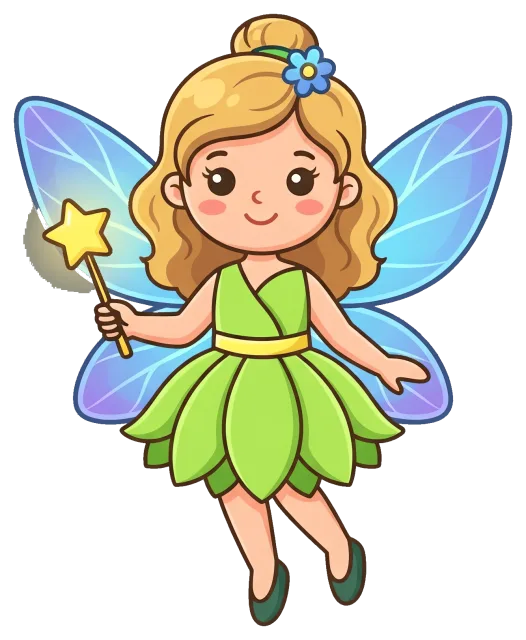 Cute fairy with blue wings and green dress holding a magic wand