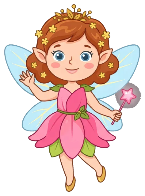 Cute fairy with pink flower dress and magic wand