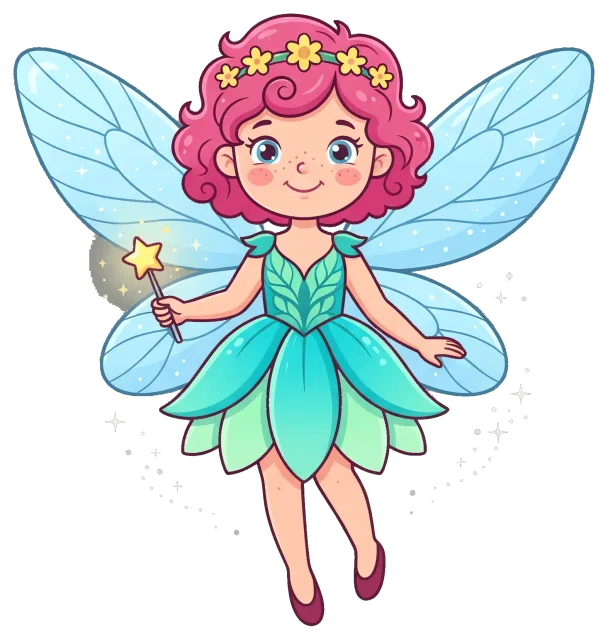 Cute fairy with pink hair and blue wings holding a magic wand