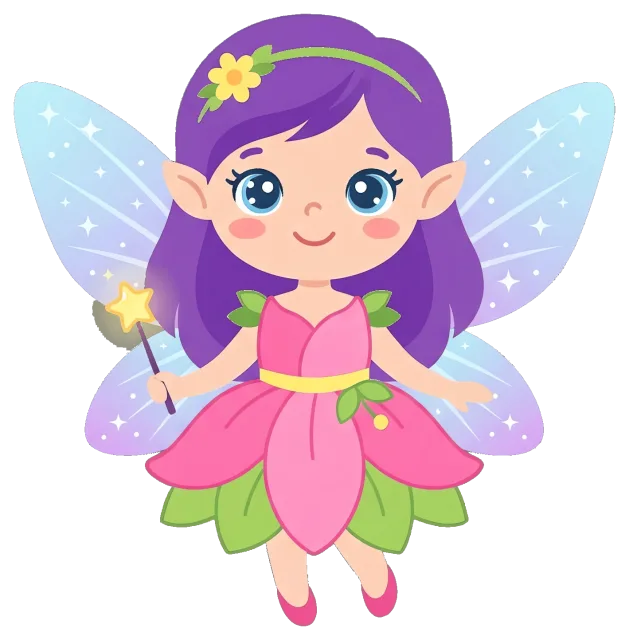 Cute fairy with purple hair and pink flower dress holding magic wand