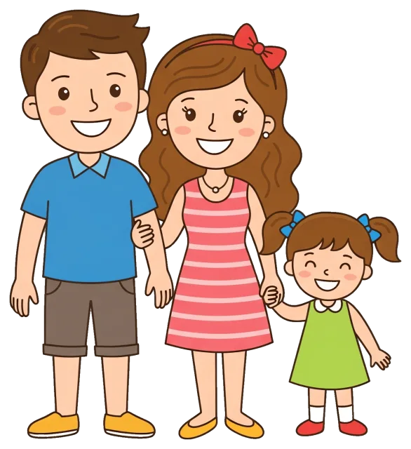 Cute family cartoon with parents and daughter holding hands