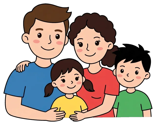 Cute family cartoon with parents and two children