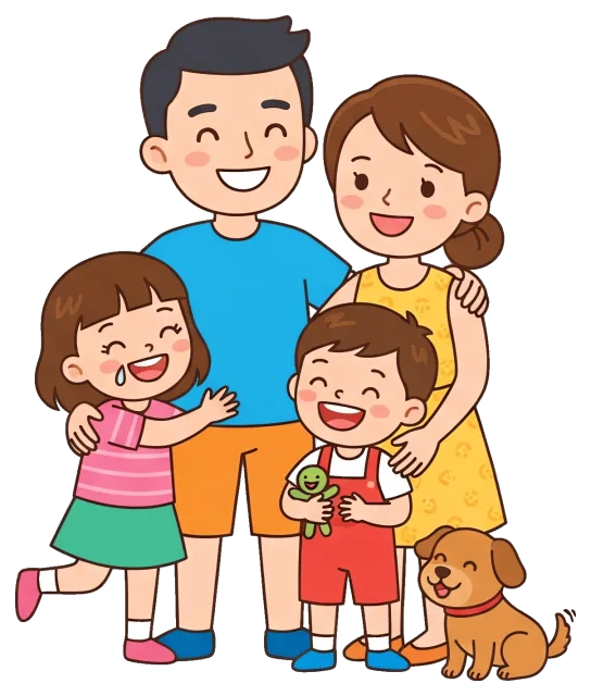 Cute happy family with two children and a dog