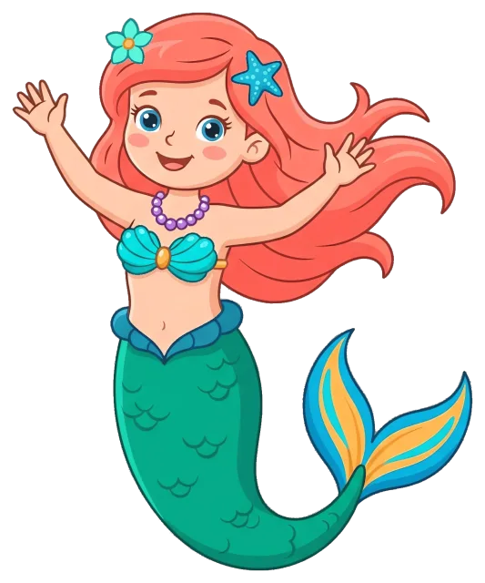 Cute happy mermaid with red hair and green tail
