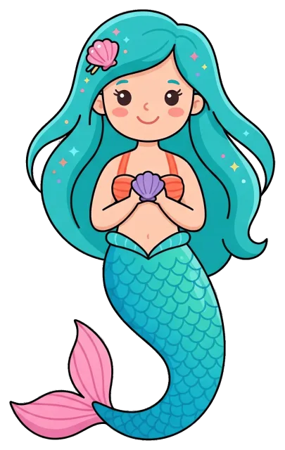 Cute mermaid with turquoise hair holding a purple shell