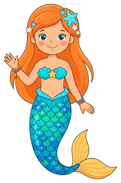 Cute red-haired mermaid with blue tail and seashell top