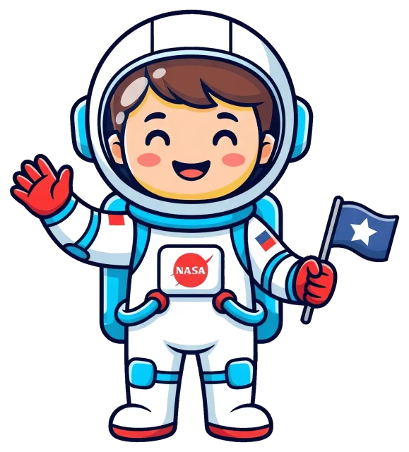 Cute smiling astronaut holding a flag with NASA logo