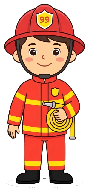 Firefighter standing in red uniform holding hose