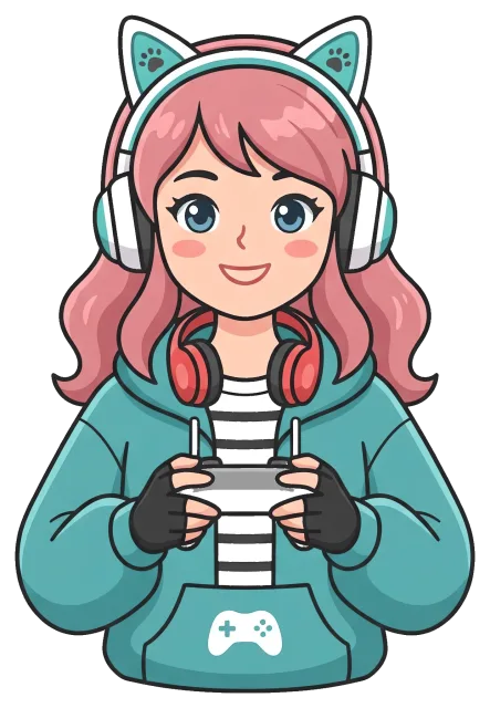 Gamer girl character with pink hair and cat ear headphones