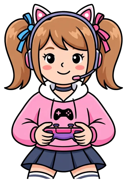 Gamer girl with cat ear headset playing video games