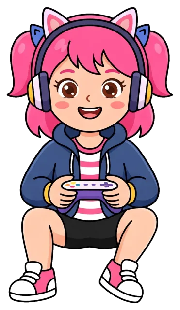 Gamer girl with pink hair and cat ear headphones playing video games