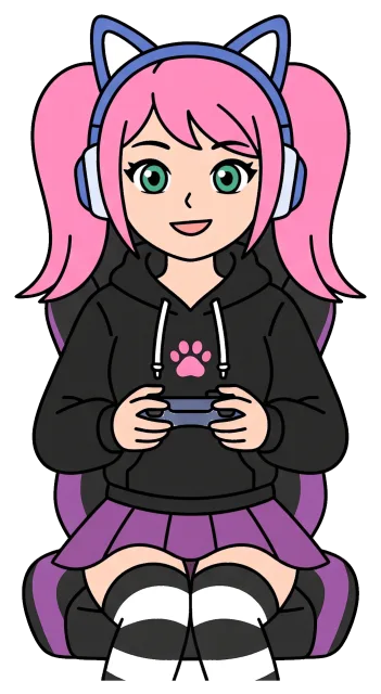 Gamer girl with pink hair and cat ear headphones playing video games