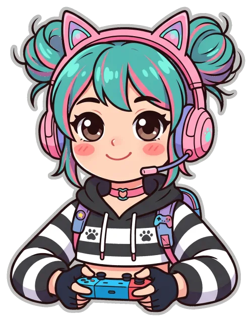 Gamer girl with teal hair and cat ear headphones playing video games
